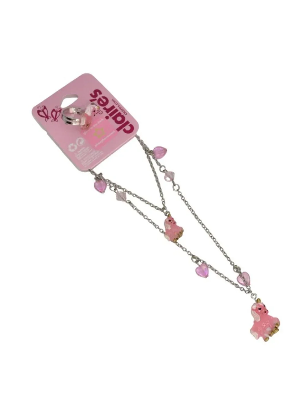 Claires Club Unicorn Jewelry Set Necklace Bracelet Ring Pink Glow in the Dark